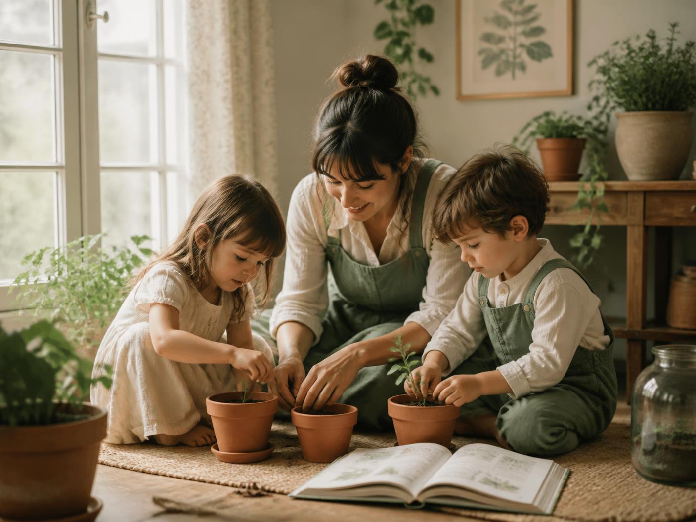 Un padre y dos niños leyendo juntos un libro de historias bíblicas en una mañana soleada