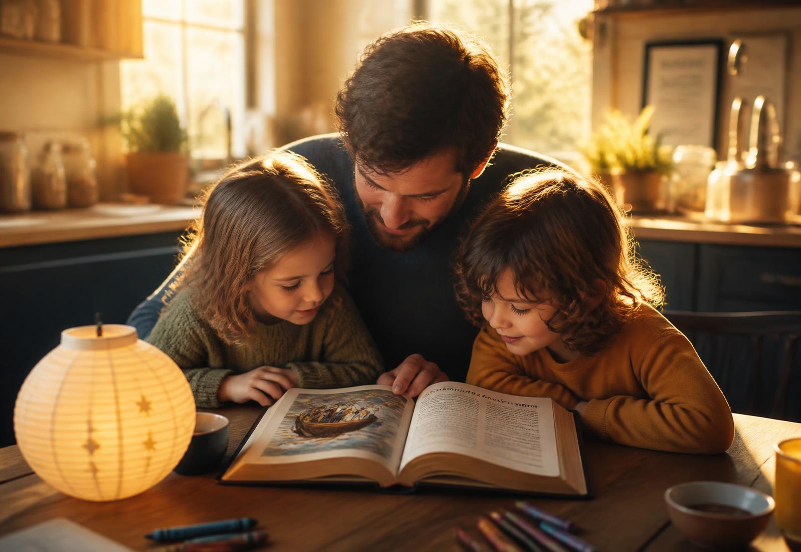 A parent and two children reading an illustrated Bible storybook together by lantern light